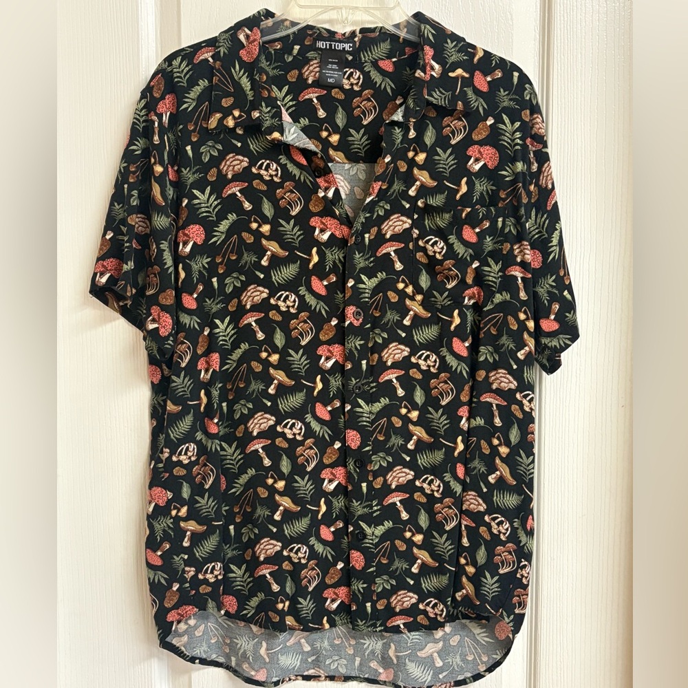 Hot Topic Black Shirt with Mushroom and Leaf Print